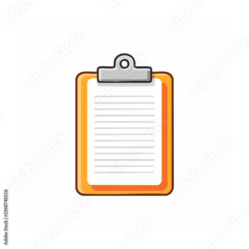 Orange clipboard with paper and clip icon