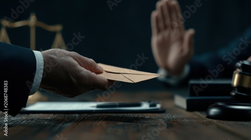 A person offers an envelope while another hand gestures to refuse, with a judge's gavel and scales in the background symbolizing legal ethics.