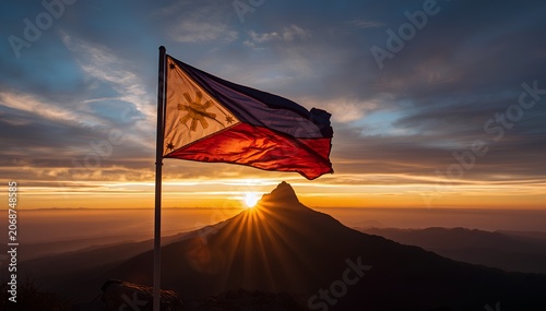 Philippine Flag Waving at Sunrise Over Mountain Peak