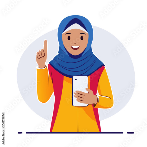 Woman in hijab holding smartphone illustration