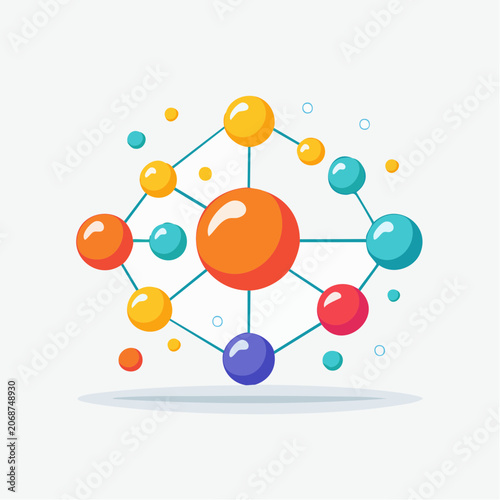 Abstract molecular structure with colorful spheres and connecting lines