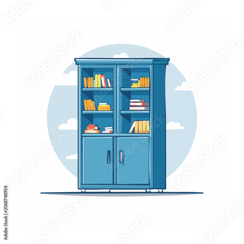 Blue bookshelf with books and folders illustration