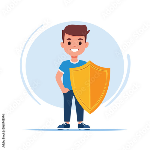 Cartoon boy holding a golden shield