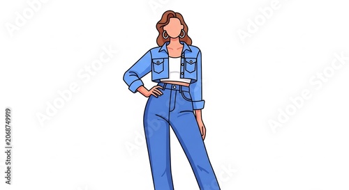 Fashionable woman wearing a cropped denim jacket and jeans