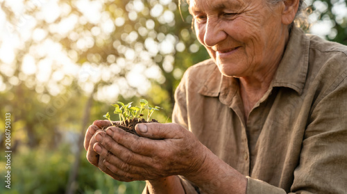 Gentle Senior Nurturing Young Green Sprouts