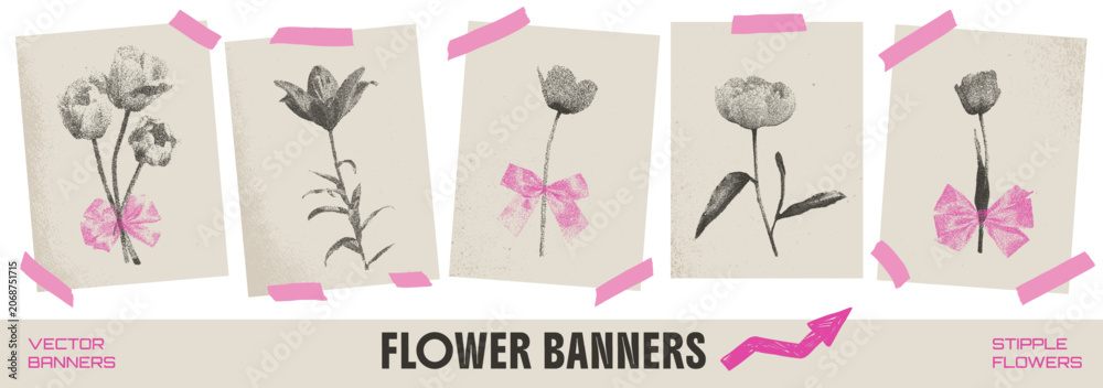 Obraz premium Whimsical grunge flower posters with stipple photocopy halftone. Retro tulip and peony prints with pink bows and tape on beige sheets. Vector set of whimsical dotted flowers for cute wall art print