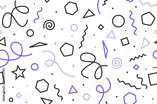 Fun dynamic geometric pattern. Line doodles inspired by 90s memphis fashion and funky 80s design. Vector purple black white background.