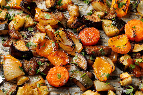 Sweet Balsamic Roasted Vegetables on Baking Sheet