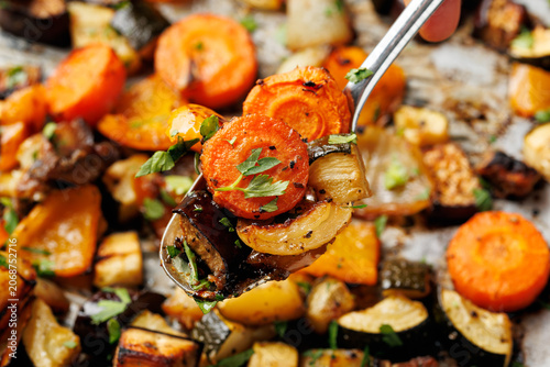 Sweet Balsamic Roasted Vegetables on Baking Sheet