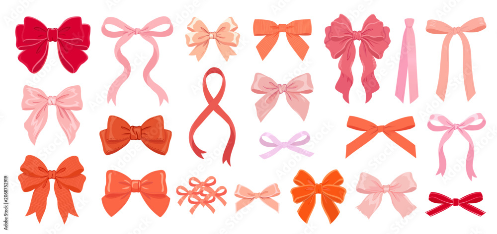 Fototapeta premium Set of various decorative pink and red ribbon bows, hand-drawn vector illustration isolated on white background.