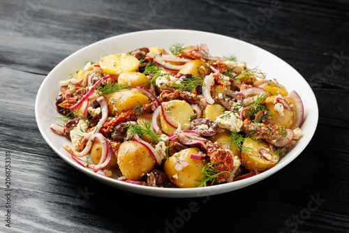 Greek Potato Salad with Feta Cheese, Kalamata Olives, Sun Dried Tomatoes and Red Onion