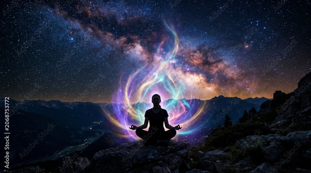 Fototapeta premium man in the night yoga in the mountains