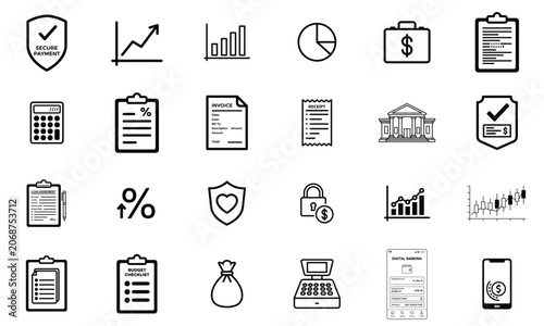 Accounting and financial analysis business icons set with accounting business checklist calculator investment security document analysis