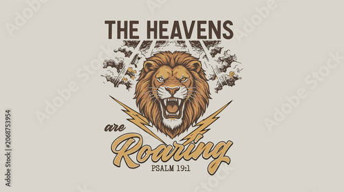 Canvastavla Vintage Christian roaring lion head with lightning and Psalm 19:1 scripture, retro graphic illustration for t-shirt design and faith-based branding