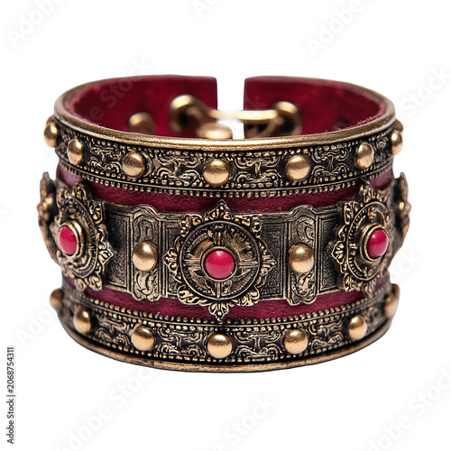Ornate, antique bracelet with reddish-brown inner lining and decorative gold accents