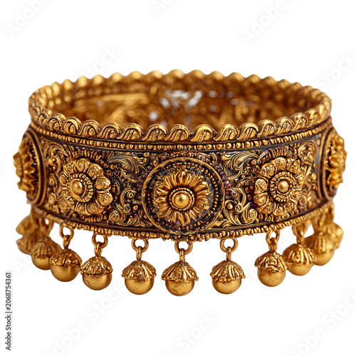 Ornate antique gold bracelet with detailed floral design and dangling spherical charms