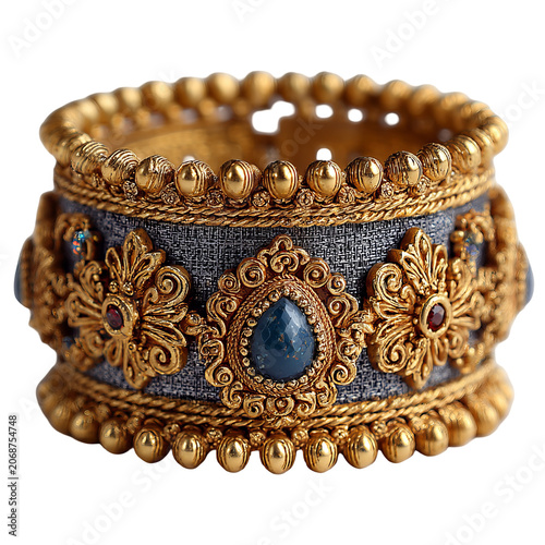 Ornate gold and gray bracelet featuring filigree and blue gemstones