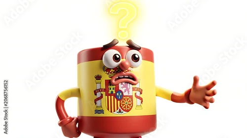 Spain Flag Block Character Thinking in Bright Studio Setting