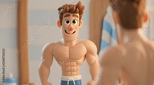 Muscular Action Figure in Bathroom Mirror Setting Exercising Appearance