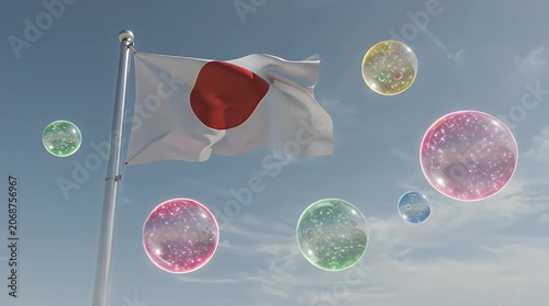 Flag Reacting in Wind with Floating Bubbles in Clear Sky