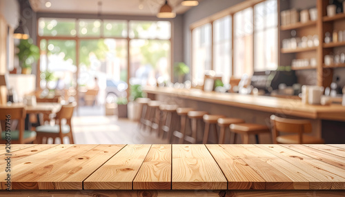 Empty Wooden Table in a Cozy Cafe with Blurred Background.