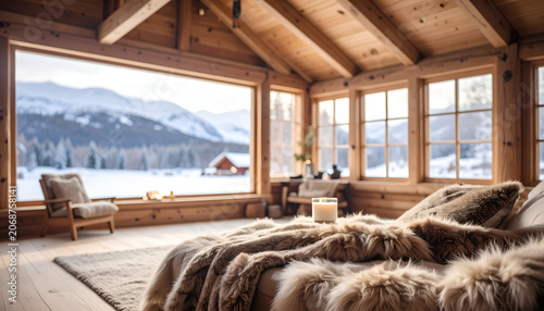Cozy Log Cabin Bedroom with Panoramic Mountain Winter View.