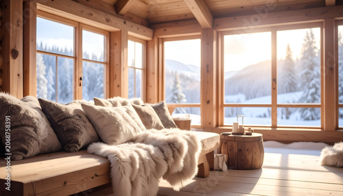 Cozy Log Cabin Living Room with Winter Mountain View and Sunlight.