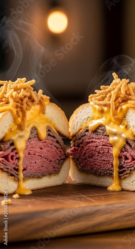 Sliced roast beef sandwich on bun with melted cheese and hot steam