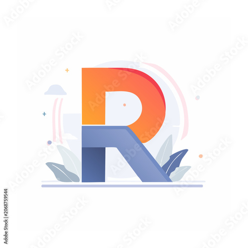 Stylized Letter R with abstract elements and leaves