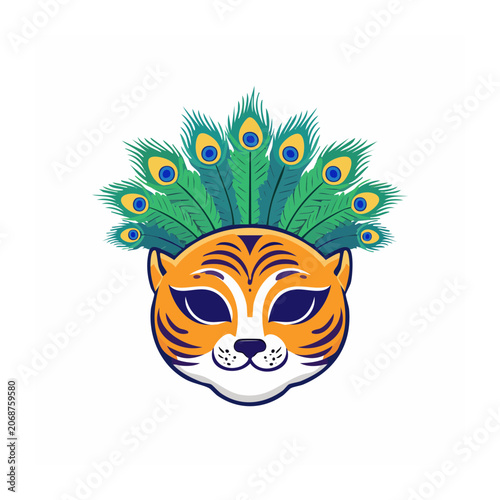 Tiger Head with Peacock Feather Headdress Illustration