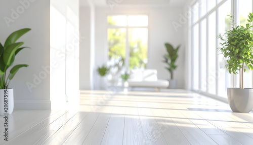 Bright and Airy Modern Living Room with Large Windows and Green Plants.