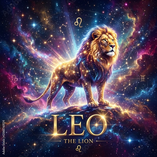 Majestic Leo Zodiac Sign Lion in Cosmic Galaxy Background with Glowing Constellations and Celestial Astrology Art. 