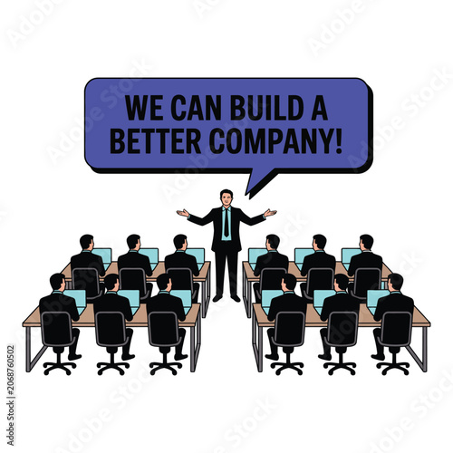 Business leader presenting strategy meeting to office team