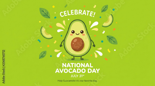 Cute smiling avocado character celebrating National Avocado Day with confetti and leaves perfect for food holidays and healthy eating promotions