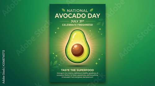 National Avocado Day poster with vibrant illustration of a halved avocado celebrating freshness and healthy eating perfect for social media and promotional use