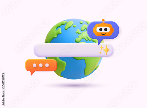 Modern artificial intelligence chatbot communication concept with global connection, chat messages and virtual assistant for customer support and online communication.