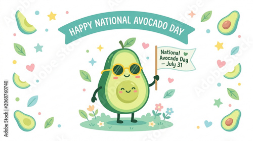 Happy National Avocado Day illustration cute cartoon avocado character with sunglasses holding a flag surrounded by festive elements and greenery perfect for celebrations and food-related designs