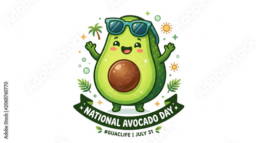 Cute avocado character wearing sunglasses celebrating National Avocado Day with tropical elements fun vector illustration for food and holiday themes