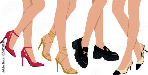 Foto Women Fashion Shoes and Model Legs Vector Collection with High Heels, Strappy Sa