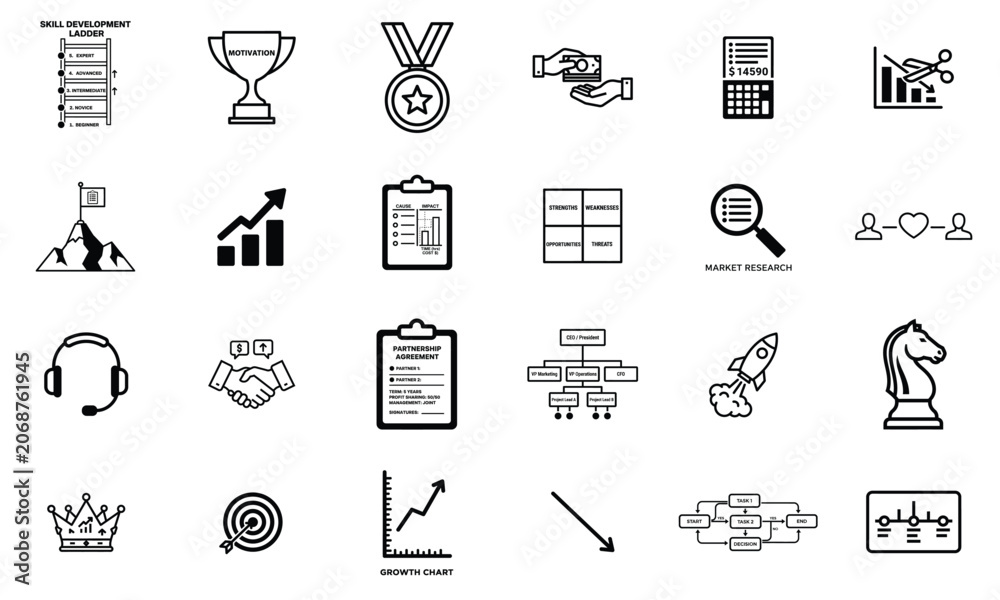 Fototapeta premium Set of business and leadership strategy icons for corporate management and professional development with business leadership strategy management
