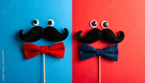 Two Funny Mustaches and Bow Ties on Sticks with Googly Eyes.