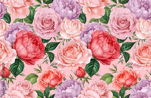 Beautiful seamless floral pattern with blooming roses and peonies on pink background