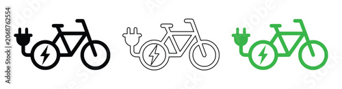 Electric bicycle icon set with plug and energy charging symbol vector
