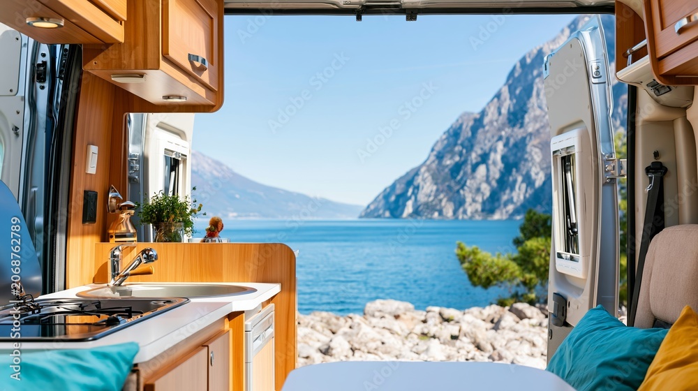 Obraz premium Modern camper van interior featuring wooden cabinets and a small kitchen, open rear doors facing a tranquil lakeside and mountain landscape