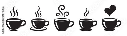 Set of five stylized coffee cups with steam and heart icon on checkered background.