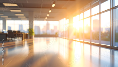 Modern Office Interior with Cityscape and Golden Sunlight.