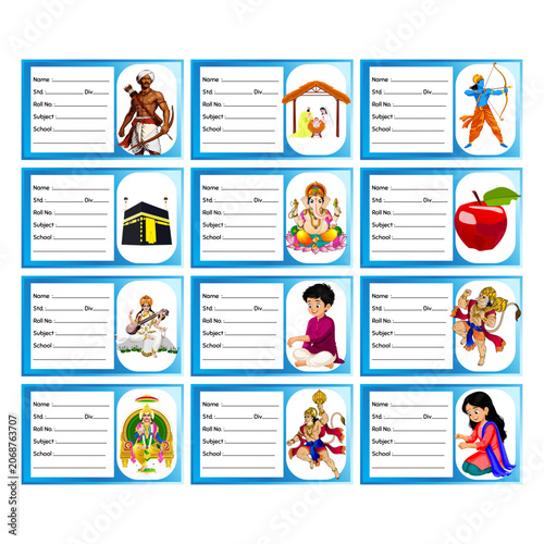Foto Set of school notebook label templates with Indian religious and educational ill