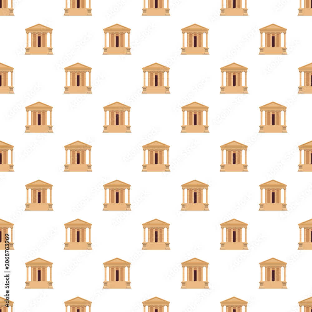 Naklejka premium Repeating ancient greek temple building facades creating a financial and historical themed pattern