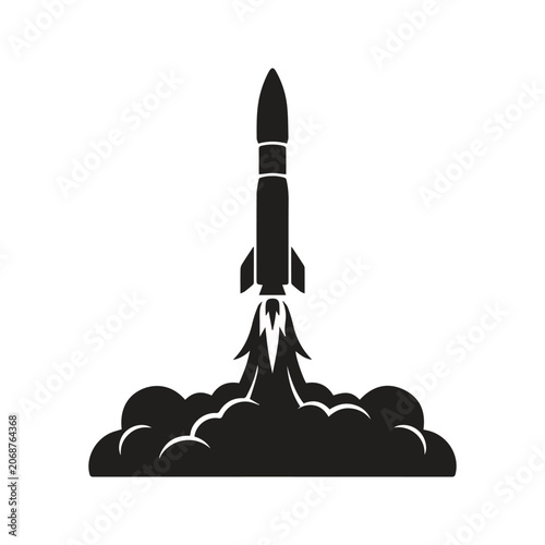 Fotografie Black silhouette intercontinental missile launching with military, blastoff