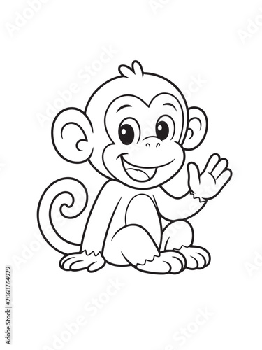 Canvas Print Cute cartoon monkey waving hand sitting outline drawing with illustration colori